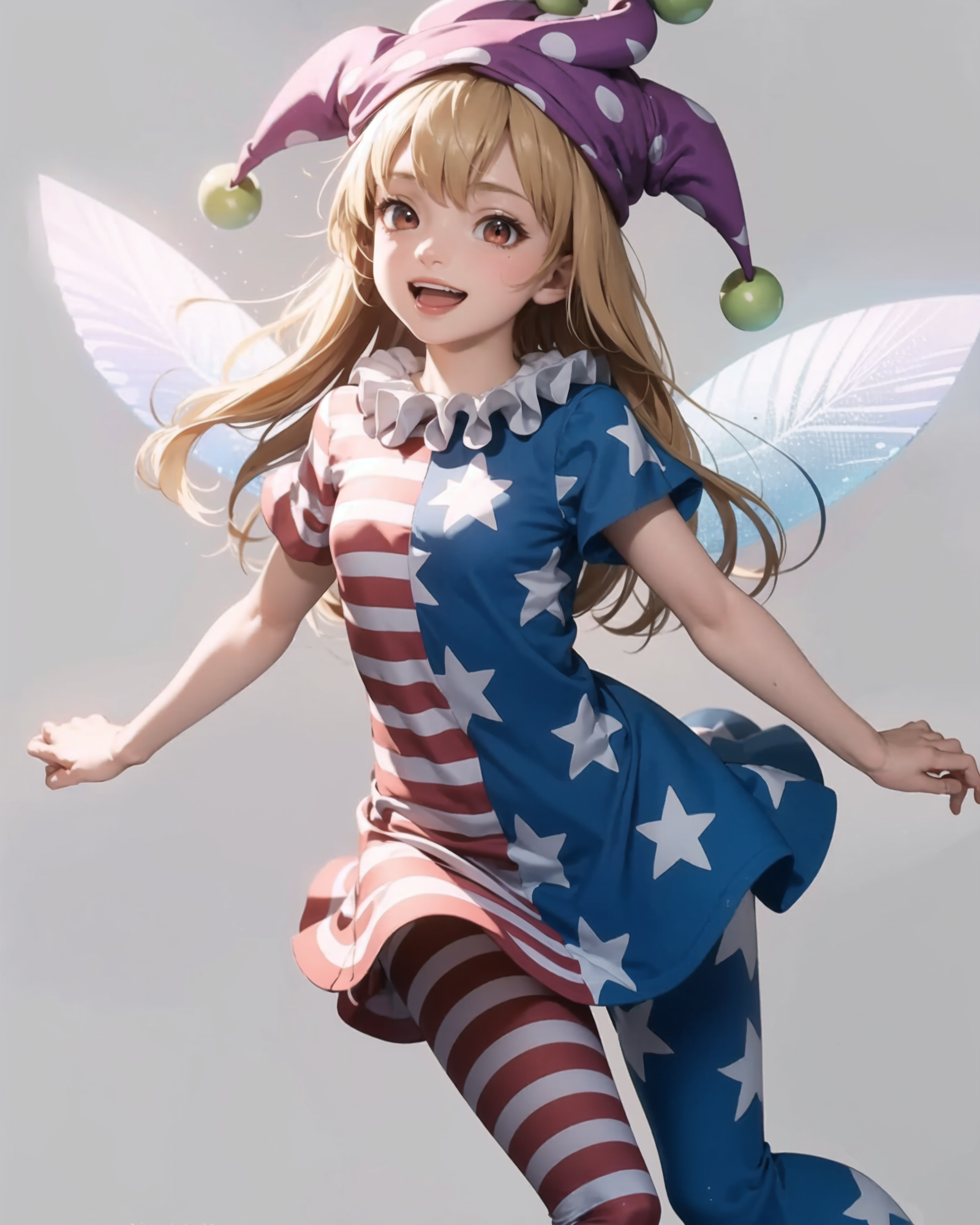 00585-1761256243-masterpiece, best quality, _lora_Clownpiece_1_,1girl,jester cap. polka dot,long hair,blonde hair, red eyes,neck ruff, striped dr.png